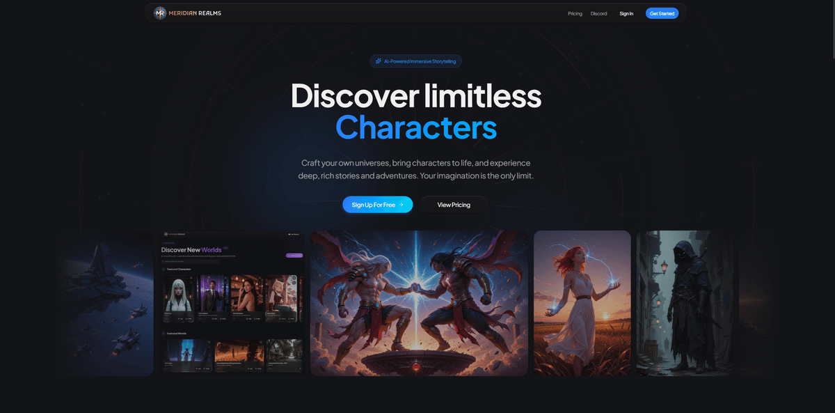 Meridian Realms AI homepage and platform interface
