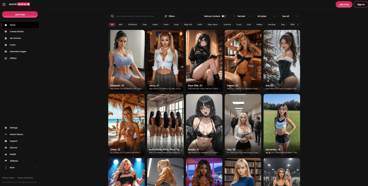 Secret Desires AI homepage and platform interface